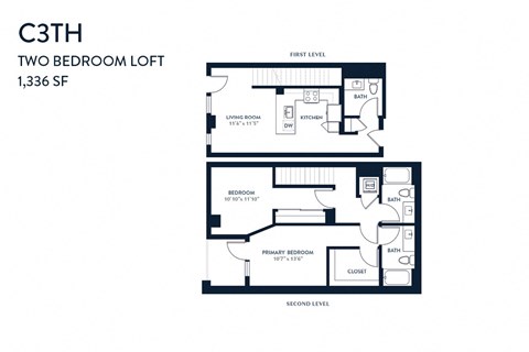 Floor plan for 2 beds, 2.5 baths, 1336 sqft